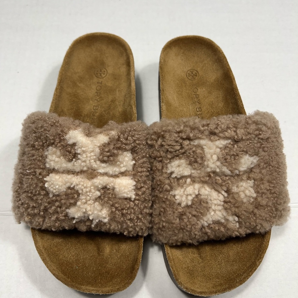 Tory Burch Double T Logo Brown Slides With Shearling Fur Size: 5.5